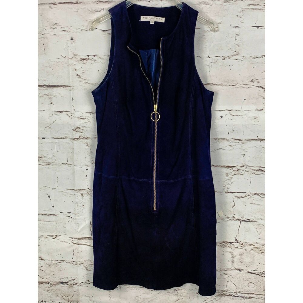 TRINA TURK Dress Women Sz 4 Navy Blue Leather Suede Retro Y2K Classic Business